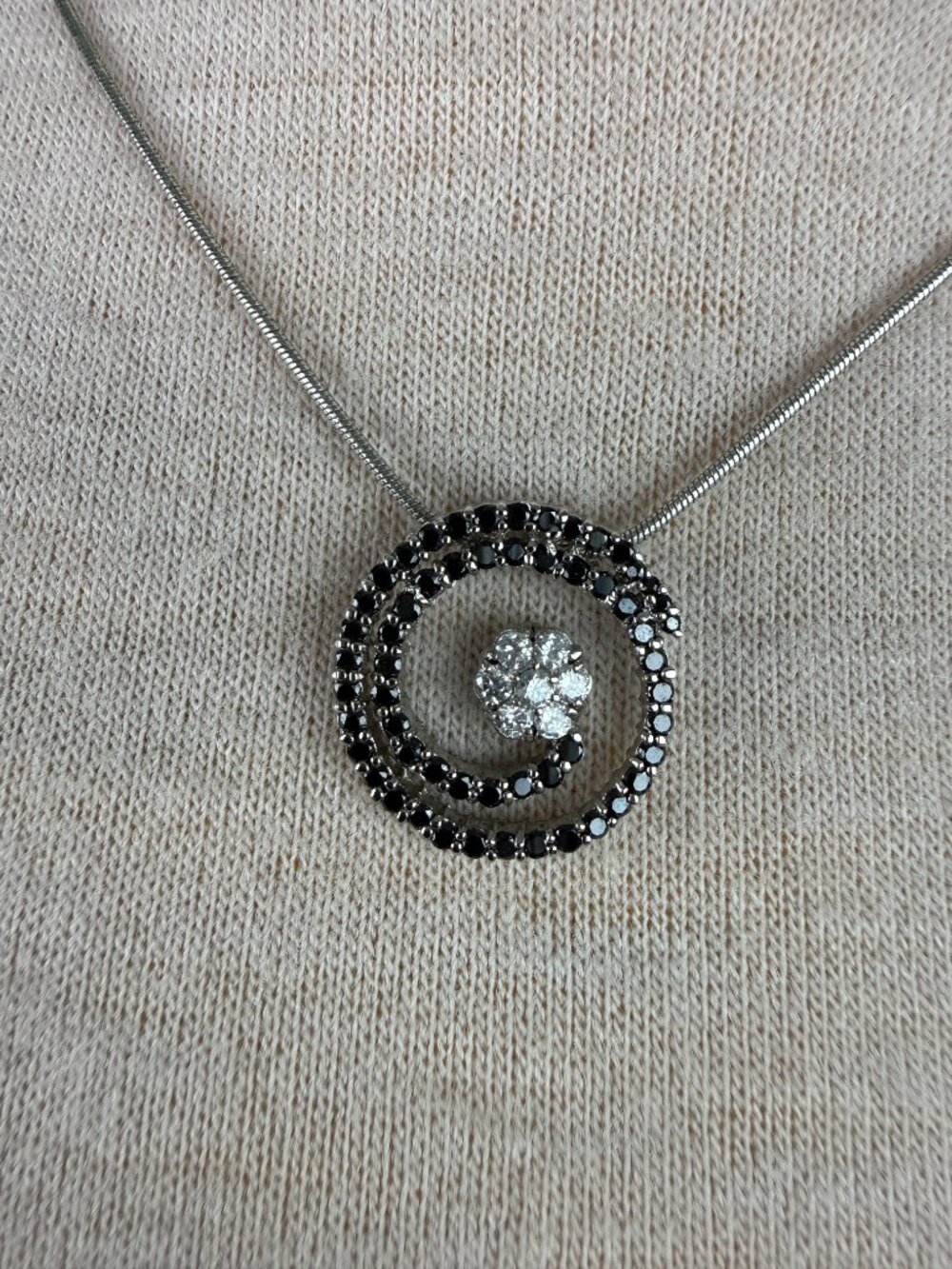 Vintage Kiam Family Rhinestone Spiral Necklace Silver Tone Black Swirl Pendant L